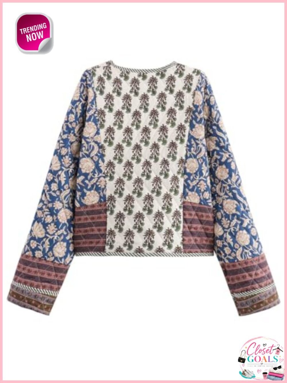 Floral Cropped Quilted Lightweight Jacket Open Front Cardigan - Picture 2 of 6